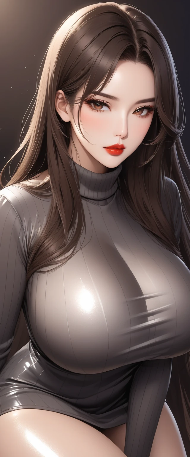                     Brown Eyes                   , black 髪, length髪,                        mature mature      ， length,                   shiny wet hair          ，                   brown hair，  Glowing Lips    ，beautiful，Big Breasts，beautifulデコルテ， beautiful脚 ， Turtleneck Sweater  ， ，