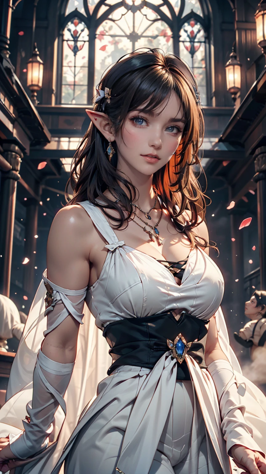 Waist shot of a female elf, Complex, Narrow Face, elegant, Wearing a sapphire necklace, White lightweight dress with straps, To the camera, Very detailed, Digital Painting, Art Station, Concept Art, Smooth, Sharp focus, figure, ArtJam、Greg Rutkowski、Art by Alphonse Mucha, 8K, Volumetric Fog, bloom, light, lumen, Crank blur、Chest、Man muscle