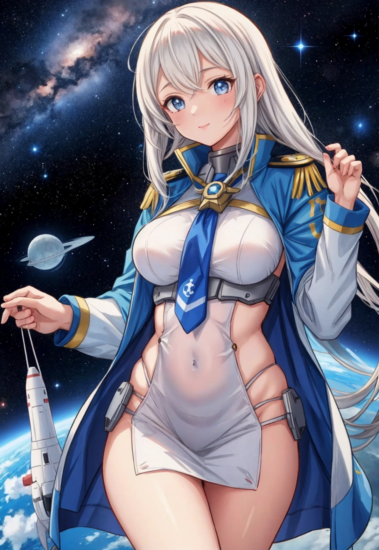 masterpiece, Highest quality, Highly detailed CG Unity 8k wallpaper,((whole body)), ((Bridge inside the spaceship)), (Long pointed ears), Elegant long wavy platinum blonde hair, ((Average chest, Pink nipples, Self-illuminating skin)), ((Revealing white military uniform, White officer&#39;s hat)), (Sweaty and wet white skin), (blush), , (Captivating smile), A very beautiful, symmetrical face, Detailed eyes, Emerald green eyes, Key Art, Awards, intricate detail realism hdr, Photorealism, Hyperrealism, Ultra-realistic, Dramatic Light, Strong Shadows, Nice views, Depth of written boundary