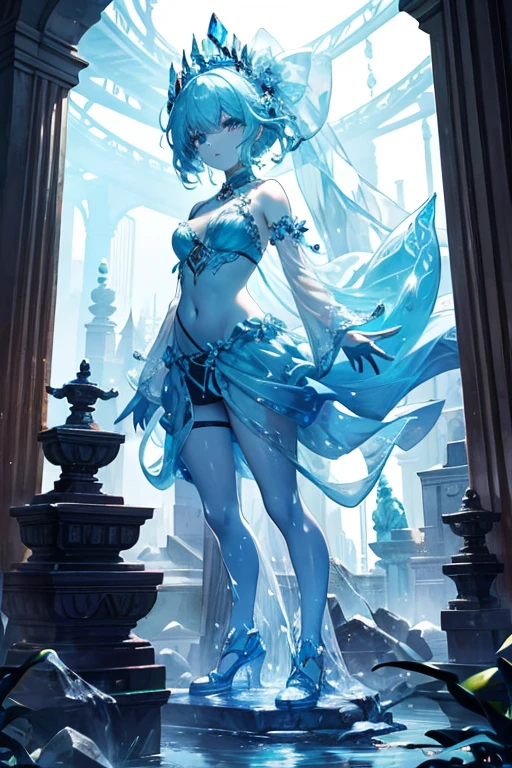 Imagine an animation set in a landscape of ancient ruins composed of minerals that shimmer with metallic blue hues. At the heart of this surreal landscape stands a beautiful girl, dressed in a gown that appears to be made of swirling metallic blue smoke, flowing and twisting around her like it has a life of its own. As the story unfolds, the mineral ruins reveal their mysteries, emitting faint glimmers of light that subtly illuminate the surroundings. The girl seems in harmony with the landscape, her enigmatic presence suggesting a deep and ancient connection between herself and the ruins.