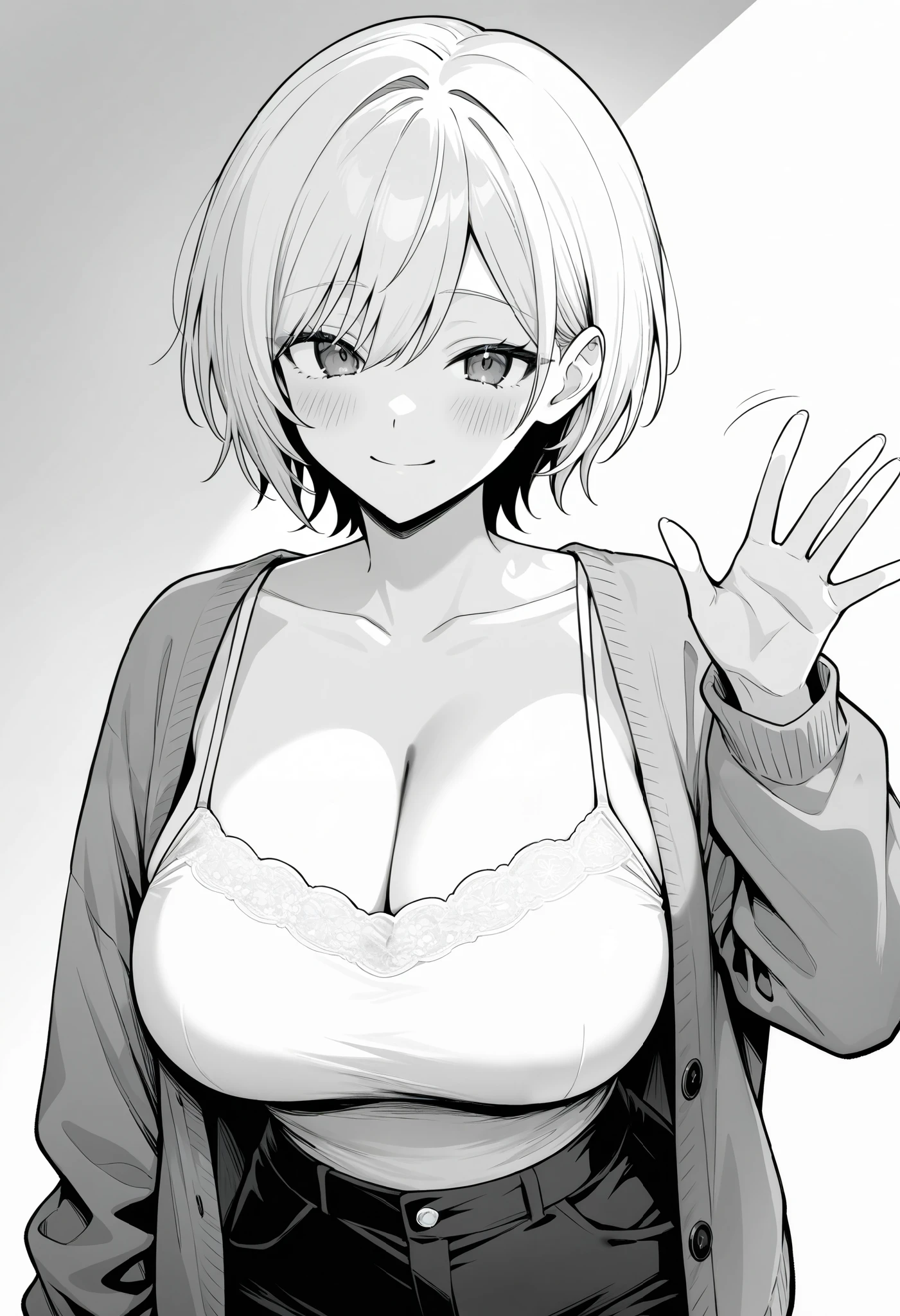 1girl. An illustration of a girl with short hair. She is wearing a cardigan and camisole and pants. She smiles and waves to her friends. sensitive, grayscale, upper body, looking at viewer, white hair, short hair, large breasts, cardigan, camisole, pants, standing, waving, light smile, white background, masterpiece, best quality, very aesthetic, absurdres