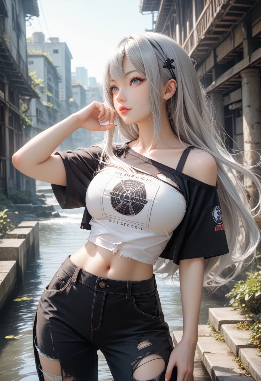 Urban Beautiful Girl College Student，tmasterpiece，Light makeup，Redlip，Silvery hair，Messy long hair，streets background，gracefulness，Elegance。ultra fine detailed，Works of masters，Authentic texture，Cinematic lighting realism，perfect works，8K，k hd，Delicate facial features，White skinny turtleneck top，White skinny shorts，Slim figure，Big bright eyes，Smooth skin，eardrop，choker necklace，Tattooed with