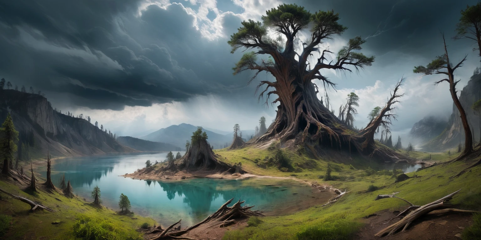 A sprawling cedar on the edge of the plateau in front of the cliff .  below in the valley, you can see the huge bones of the creature's ribs above the trees. a small lake with clear clear water,  cloud reflections in the water .  alien landscape , Lush trees,  Tall sequoias stretch to the endless skies , dark lighting,  gloomy thunderstorm sky .