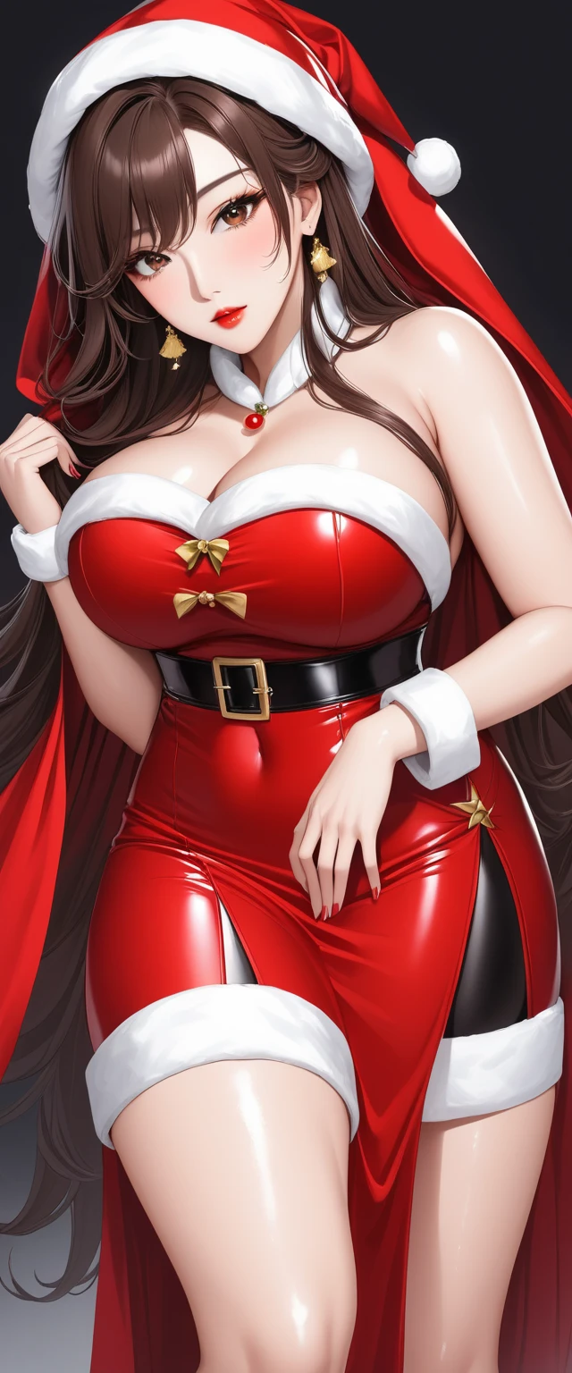                      Brown Eyes                    , black 髪, length髪,                        mature mature      ， length,                    shiny wet hair           ，                    brown hair，   Glowing Lips     ，beautiful，Big Breasts，beautifulデコルテ， beautiful脚 ，  Santa costume，  red skirt ，