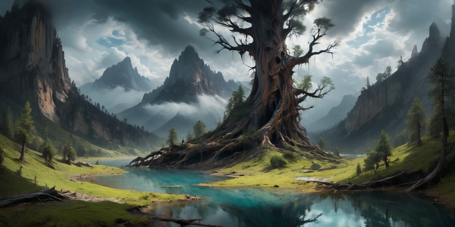 A sprawling cedar on the edge of the plateau in front of the cliff .  below in the valley, you can see the huge bones of the creature's ribs above the trees. a small lake with clear clear water,  cloud reflections in the water .  alien landscape , Lush trees,  Tall sequoias stretch to the endless skies , dark lighting,  gloomy thunderstorm sky . Cold gloomy colors.  muted colors. high view from above . 