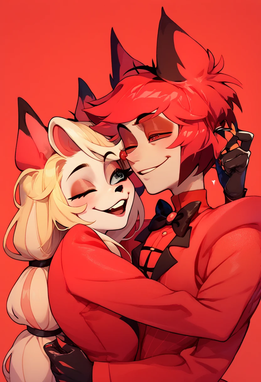  1 boy, Alastor ,Red suit,  eye closed , red hair multicolor hair ,  animal ears ,)  Couple Hug ,  1girl Charlie Morningstar, eye closed ,  blonde long hair , red tuxedo , Animal Nose,  white skin,  red stricker ,