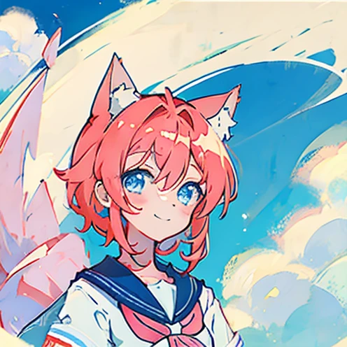  pastel colors　Red Hair　Cat ears short hair　 blue eyes　 sailor suit 　Fluffy filters　 imaginaryな背景　 imaginary　One person　smile　Positive