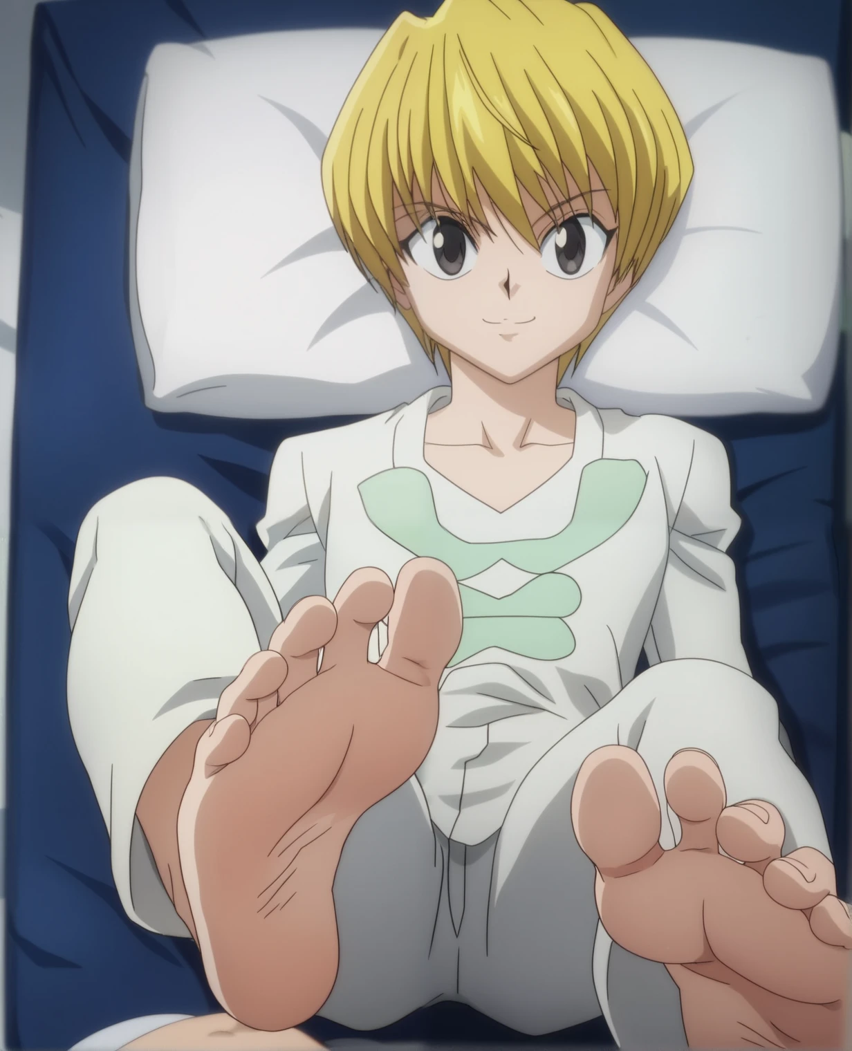 Score_9, score_8_up, source_anime, 1boy, Kurapika, Hunter x Hunter, big eyes, smile, very pale skin, White long-sleeve V-neck shirt, no undershirt, white long pants, alone, looking at viewer, from above, lying on the bed, in his bedroom, seductive pose, night, lifting legs to show his soles, cowboy shot, ANIME SCREENCAP, anime coloring, barefoot, perfect feet, anatomically correct, soles, focal length 35mm, each foot has five toes, front, symmetrical soles, foot focus