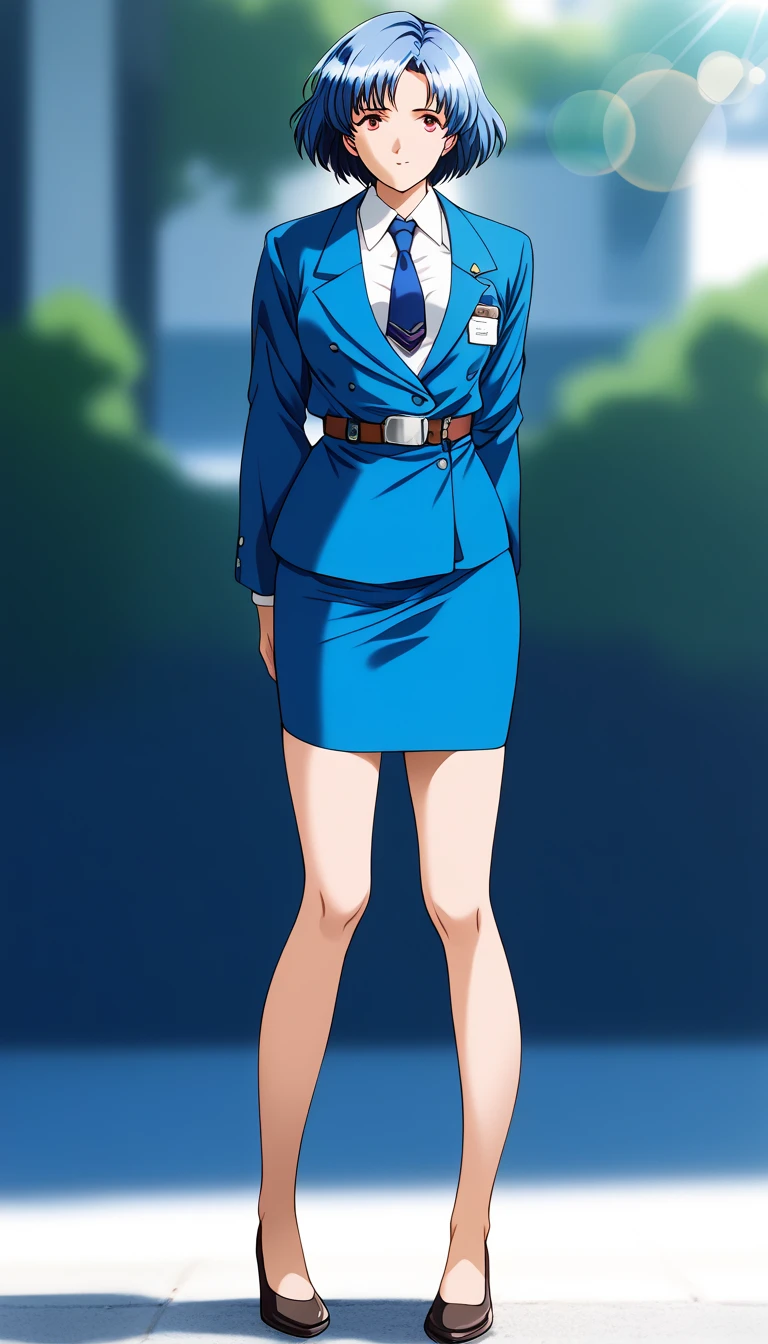 Blue Hair、 short hair、bangs、悲しface、黄colorの瞳、 full body style that reflects your whole body、Normal milk、 narrow waist 、Bare legs、 in a suit、 blue jacket , collared shirt 、 white shirt、 blue tie,belt, blue mini pencil skirt, black tights、White pumps、 official art, Extremely Detailed CG Unity 8K Wallpaper , Full Photo, colorful , bright _ Front_face_光ing,  shiny skin, ( masterpiece:1.0),(Highest_quality:1.0), 超 high definition ,4K, super detailed photo shoot, 8k,  high definition ,  high definition ,  absurd :1.2,  Kodak Portra 400,  film grain ,  blurry background, Bokeh:1.2,  lens flare, ( vibrant_ color:1.2),Professional photography,Anime Images、