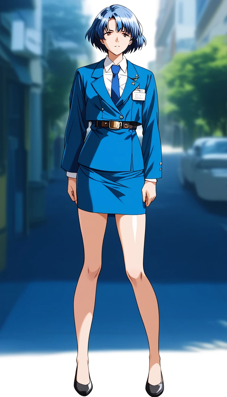 Blue Hair、 short hair、bangs、悲しface、黄colorの瞳、 full body style that reflects your whole body、Normal milk、 narrow waist 、Bare legs、 in a suit、 blue jacket , collared shirt 、 white shirt、 blue tie,belt, blue mini pencil skirt, black tights、White pumps、 official art, Extremely Detailed CG Unity 8K Wallpaper , Full Photo, colorful , bright _ Front_face_光ing,  shiny skin, ( masterpiece:1.0),(Highest_quality:1.0), 超 high definition ,4K, super detailed photo shoot, 8k,  high definition ,  high definition ,  absurd :1.2,  Kodak Portra 400,  film grain ,  blurry background, Bokeh:1.2,  lens flare, ( vibrant_ color:1.2),Professional photography,Anime Images、