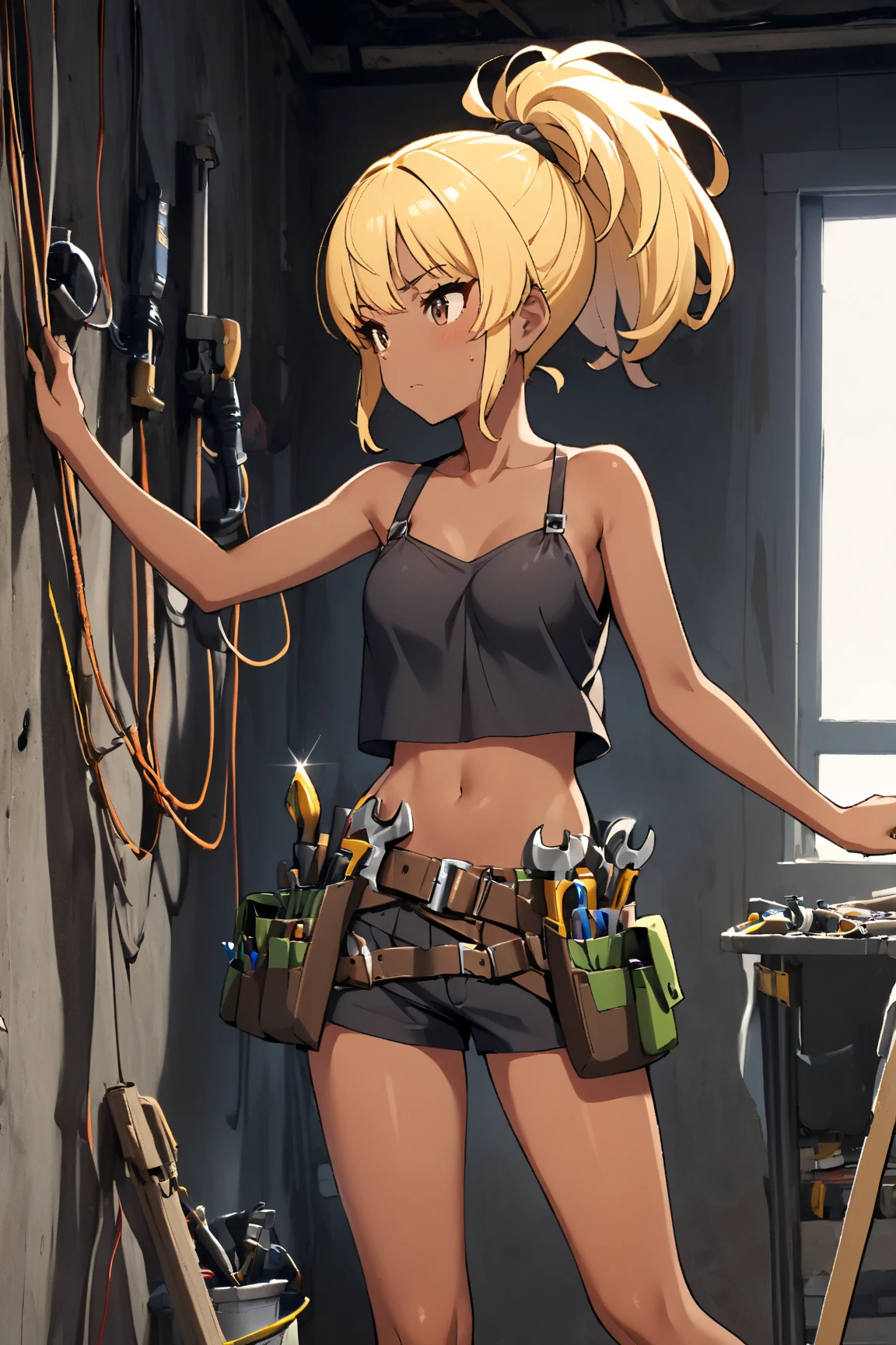  1 girl doing electrical work　,　I wear a lot of tools on my waist belt , tanned leather tool belt, glossy brown skin, small breasts,  video ,Yellow Hair, ponytail,Random posture