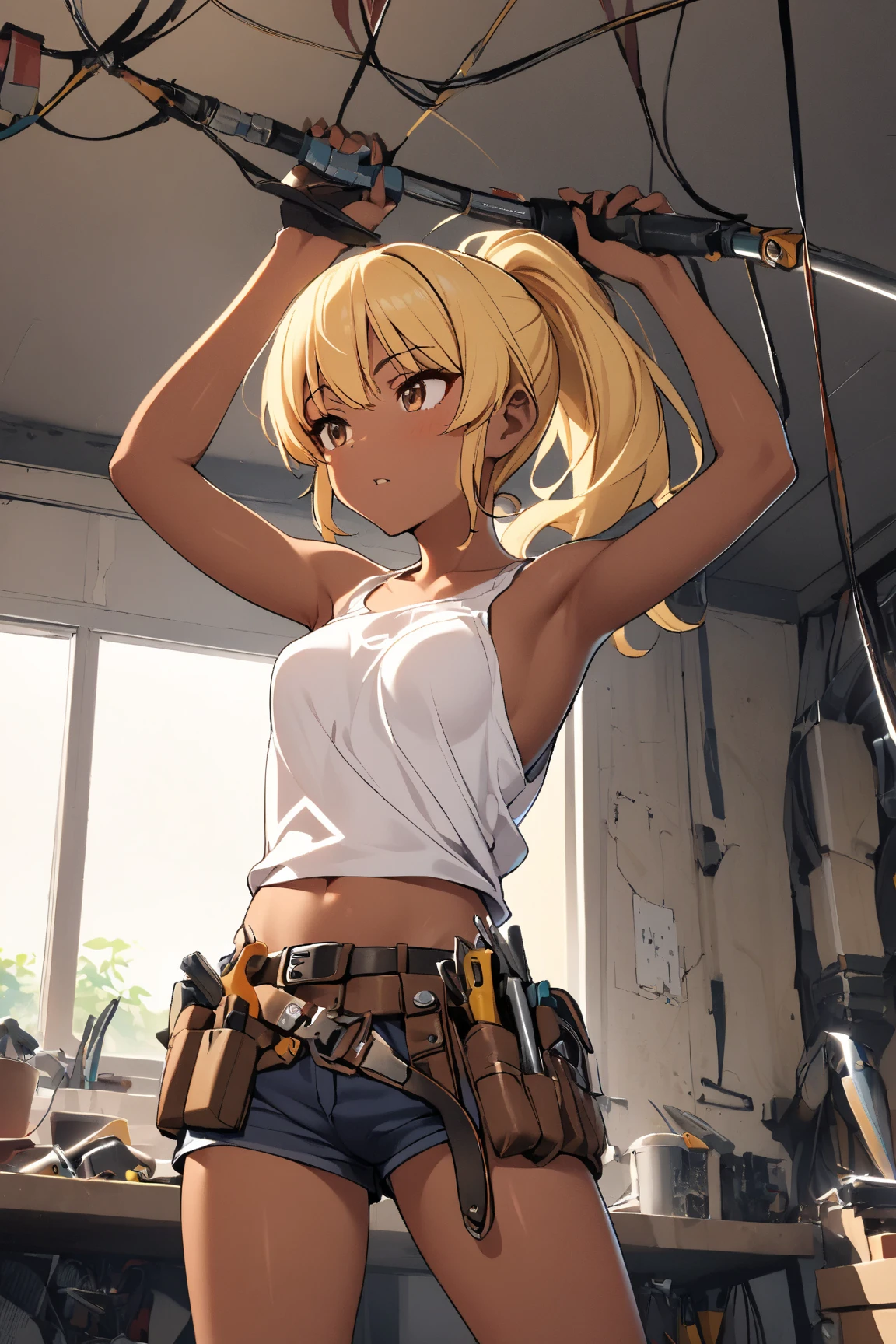  1 girl doing electrical work　,　I wear a lot of tools on my waist belt , tanned leather tool belt, glossy brown skin, small breasts,  video ,Yellow Hair, ponytail,Random posture