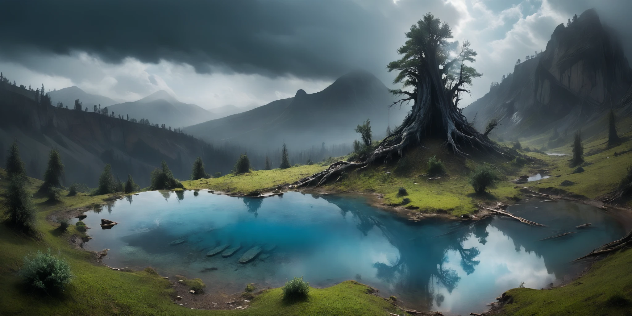 A sprawling cedar on the edge of the plateau in front of the cliff .  below in the valley, you can see the huge bones of the creature's ribs above the trees. a small lake with clear clear water,  cloud reflections in the water .  alien landscape , Lush trees,  Tall sequoias stretch to the endless skies , dark lighting,  gloomy thunderstorm sky . Cold gloomy colors.  muted colors. (View from afar). (high view from above ). blue tones. Alien tall slender many-legged Animals at a watering hole.