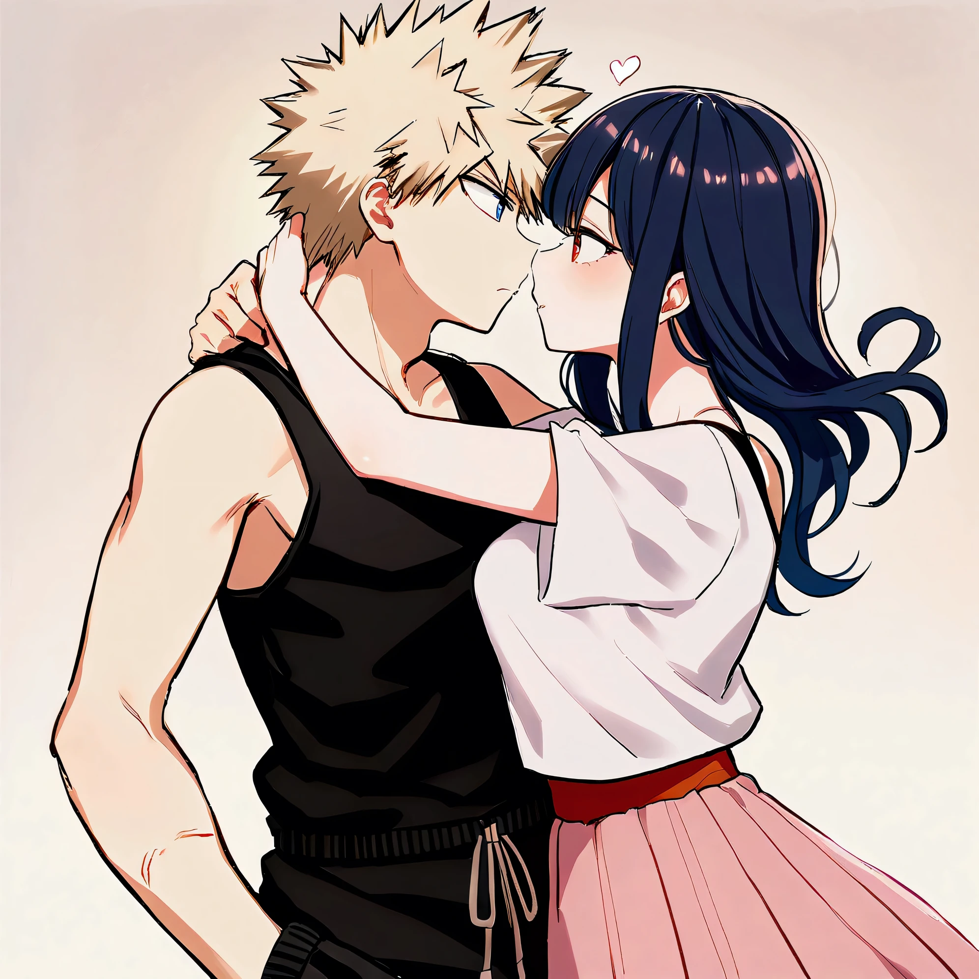 In a cozy, warmly lit space, Bakugou stands next to Marinette, their bodies leaning slightly toward each other. Bakugou, sporting his spiky ash-blonde hair and striking red eyes, is dressed in a tight black tank top and sweatpants. His expression softens as he gazes at Marinette. Meanwhile, Marinette, in a simple white t-shirt paired with a pink skirt, gently tilts her head, her blue eyes radiating warmth and affection. The room is bathed in a soft glow, creating an intimate ambiance, with soft shadows playing across the walls.