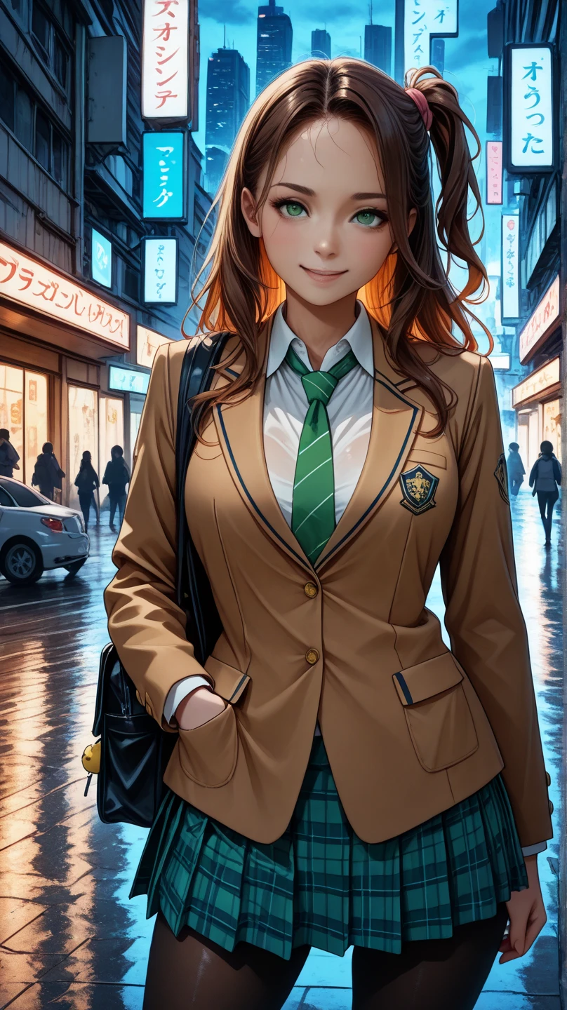 masterpiece, best quality, very aesthetic, realistic detailed anime, Sharp Focus, high contrast, 1girl, detailed green eyes, smile, semi-long hair, dark brown silky hair,  forehead, sliced back hair, side ponytail, contrapposto, Captivating thighs, uniform, brown blazers, (hads in pocket, unbutton), Green tie, Plaid Pleated Skirt, black tights, rainy cyber city, at night