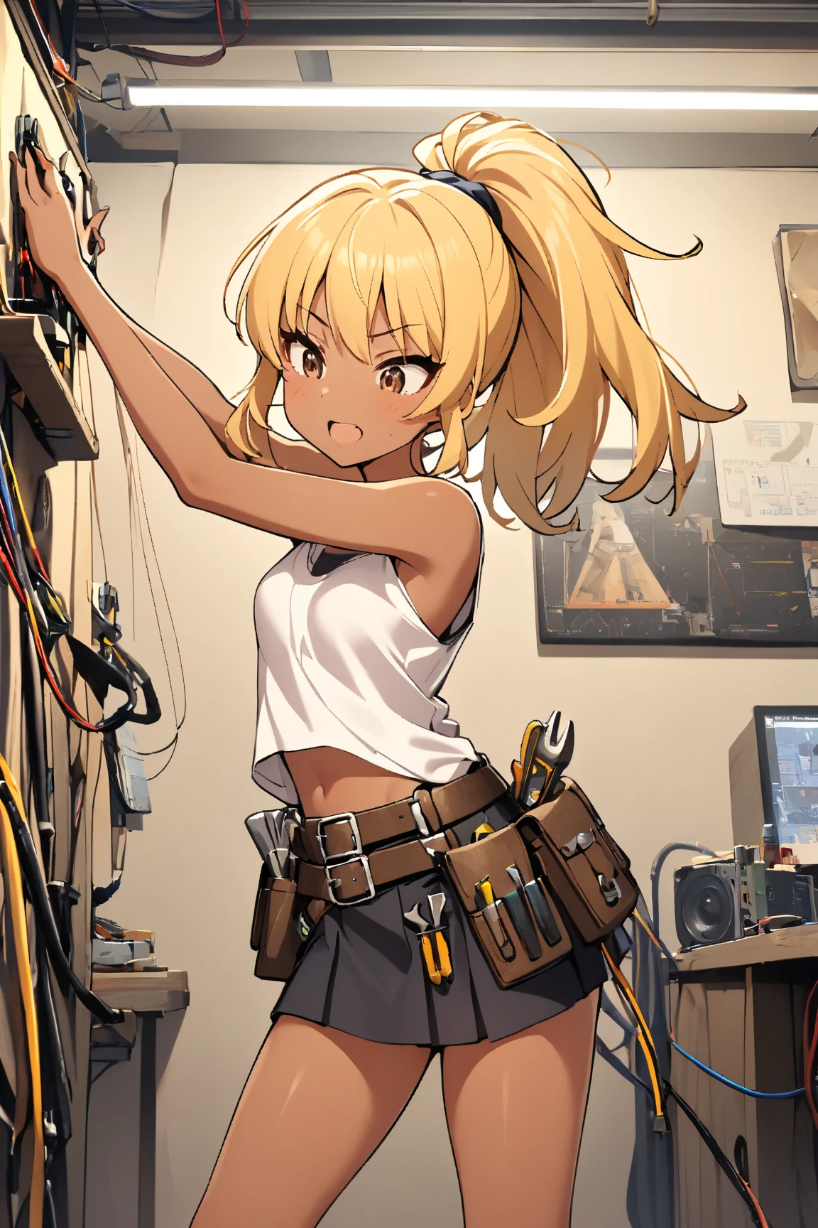  1 girl doing electrical work　,　I wear a lot of tools on my waist belt , tanned leather tool belt, glossy brown skin, small breasts,  video ,Yellow Hair, ponytail,Random posture