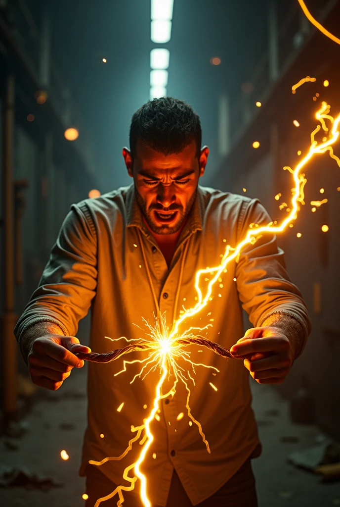 A man has energy coming out of his hands from an electrician
