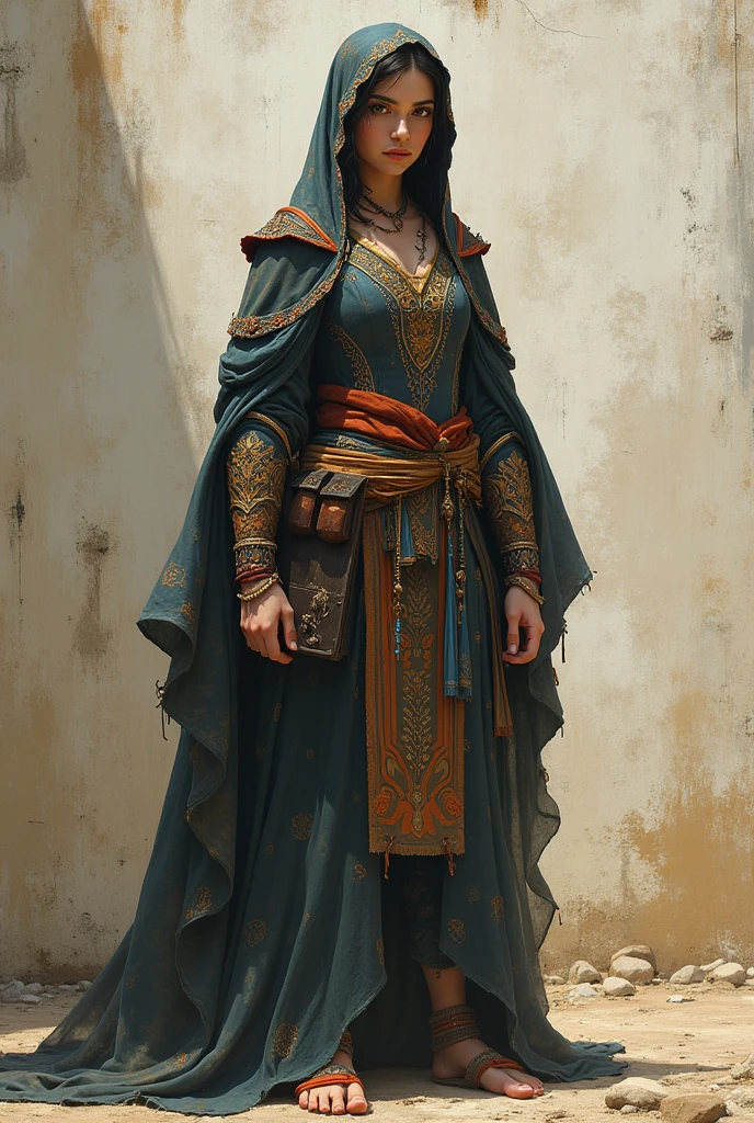 Resurrected female mummy,Cloth wrapping,Shroud,Female Assassin,Assassin's Creed,Dagger in hand,Standing on the top of the tower,Full body image