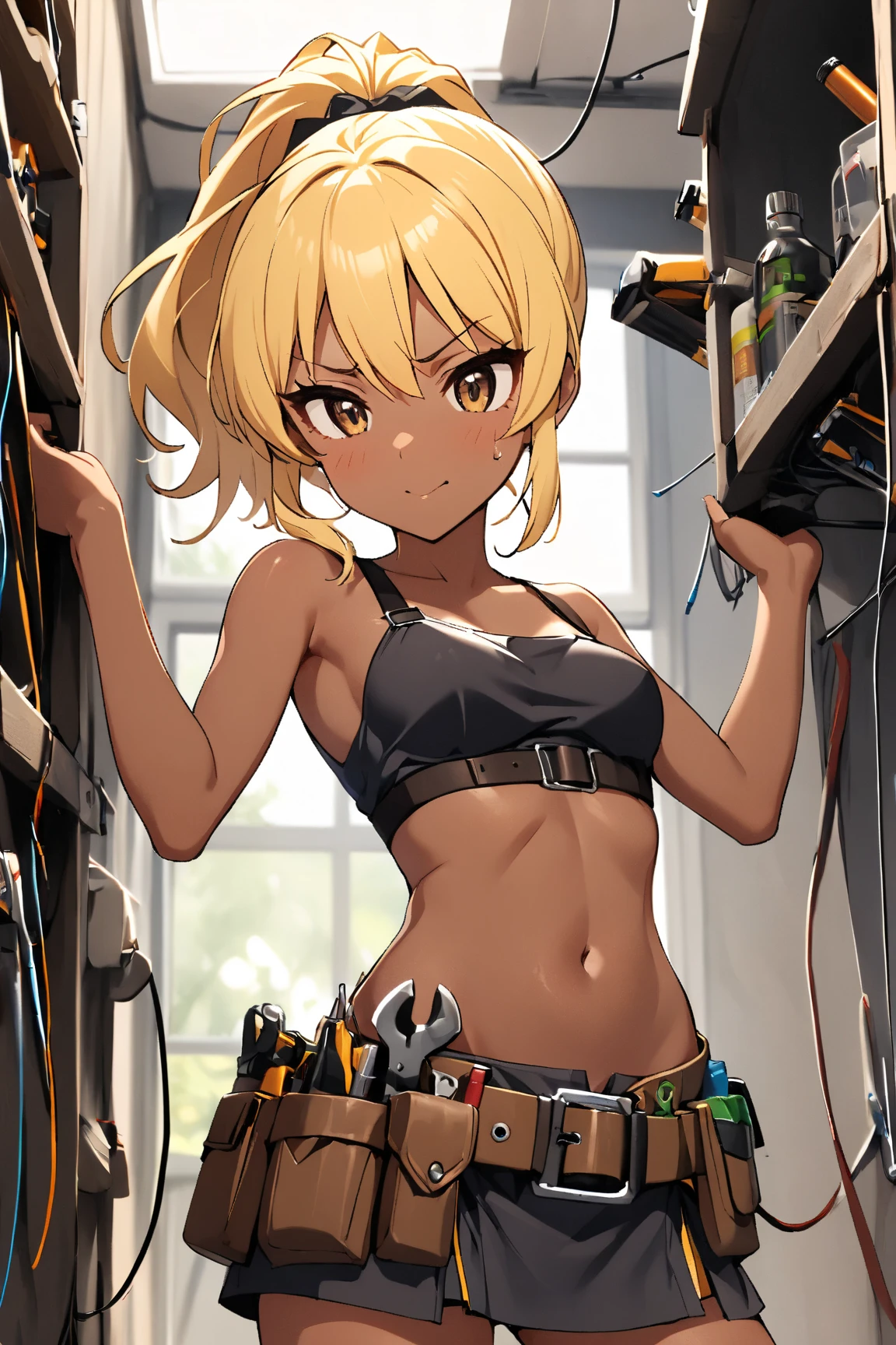  1 girl doing electrical work　,　I wear a lot of tools on my waist belt , tanned leather tool belt, glossy brown skin, small breasts,  video ,Yellow Hair, ponytail,Random posture