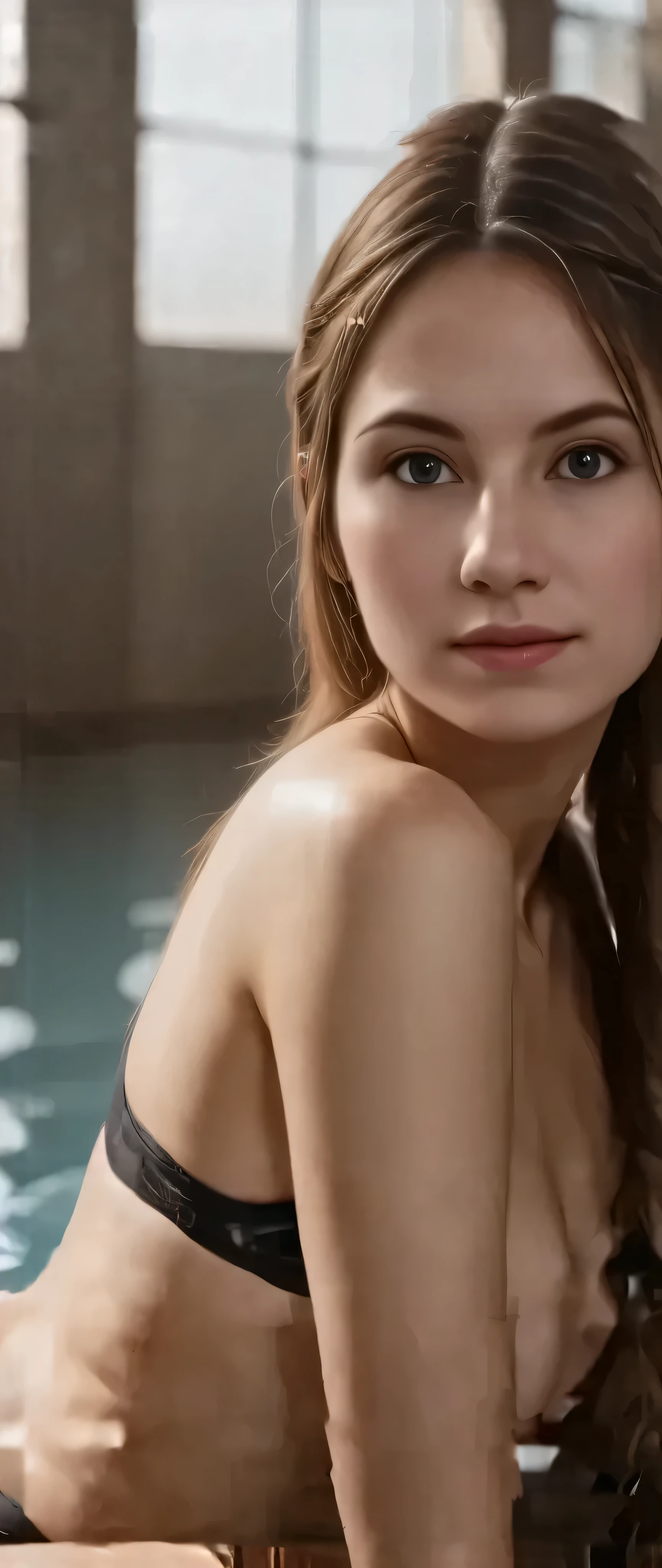 sfw,1girl, at indoor swimming pool, beautiful detailed eyes, detailed face, long flowing hair, athletic body, graceful pose, serene expression, rippling water, sunlight glimmering, photorealistic, highly detailed, cinematic lighting, vibrant colors, (best quality, 4k, 8k, highres, masterpiece:1.2), ultra-detailed, realistic