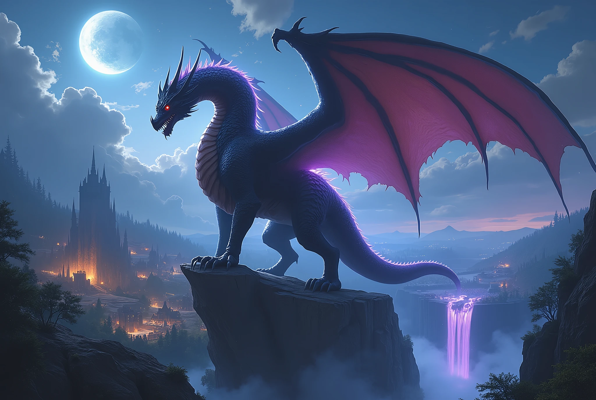 a dark grey dragon the size of a small building stroking his knotted dick and ejaculating inside of a city, the main of the4 dragon being purple and blue