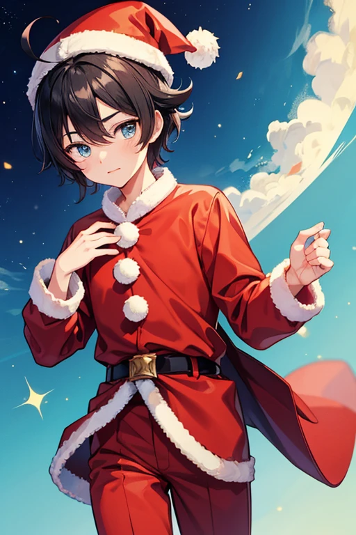  One Beautiful Boy 　Shows up to the waist　Baby Face　 black hair　 short hair　Ahoge　Turquoise eyes　Red Santa outfit　red Santa hat 　red Santa pants