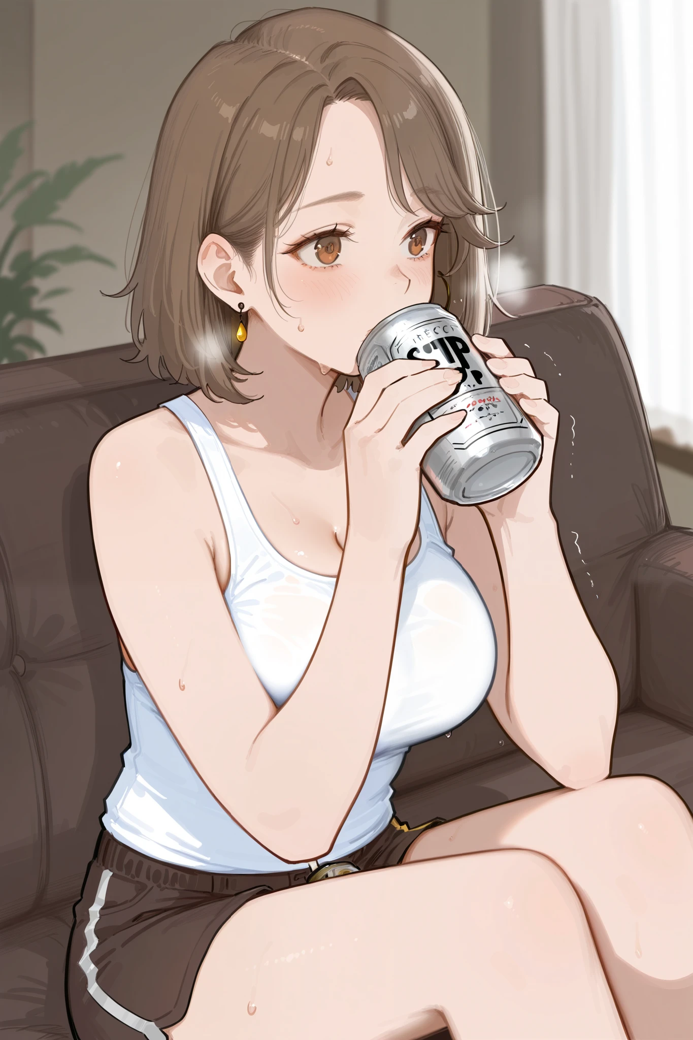 (masterpiece), (best quality), (ultra-detailed), amazing quality, very aesthetic, illustration, perfect composition, intricate details, absurdres, incredibly absurdres, realistic,dynamic pose, perspective,1girl,solo,Kinue,mature female,brown hair,short hair,brown eyes,earrings,anime coloring, white tank top,shorts,sitting,on couch,drinking,beer can, indoors,hugging own legs,, glowing, sweat, very sweaty, steaming body, trembling, blurry background, bedroom,,shiny hair, blurry background, bedroom, shiny skin, sweat, very sweaty, steaming body,  masterpiece, best quality, newest, absurdres, safe,  aruhshura 748cmstyle