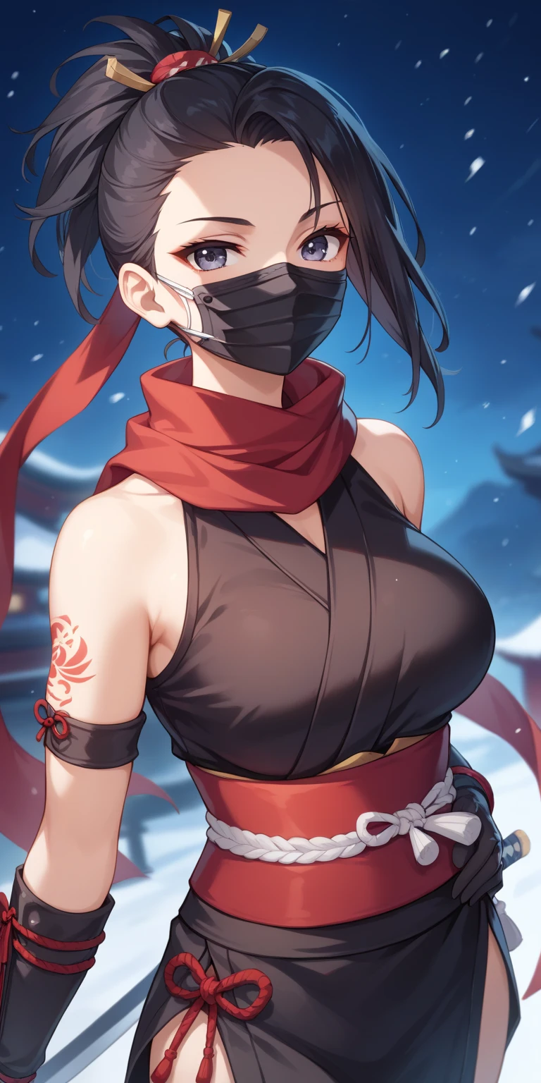 high quality fingers, normal hands, detailed fingers, masterpiece, (realistic, photo-realistic: 1.37), realistic, 1girl, long hair:1.5, black hair:1.2, red eyes:1.5, bright eyes, mortal kombat, ninja, blood, scar, weapons, kimono, dress, mortal kombat costume, large breasts, fighting pose, serene look, temple, meditation, injuries, mask, face mask, eyes to the sky