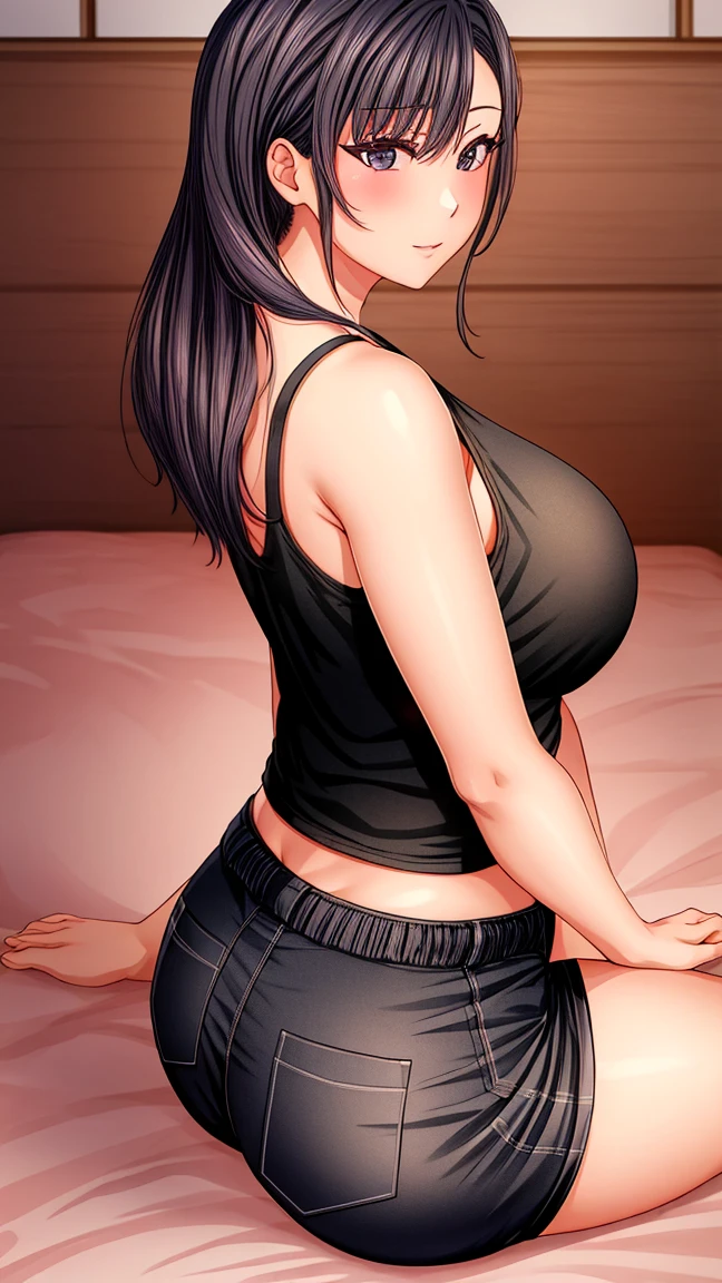 Suzukawa Akana, wear a black tanktop, POV, from behind, looking back, large_breasts, sitting, bedroom, solo, shorts pants,, masterpiece, best quality, detailed face, detailed eyes, highres, full body 