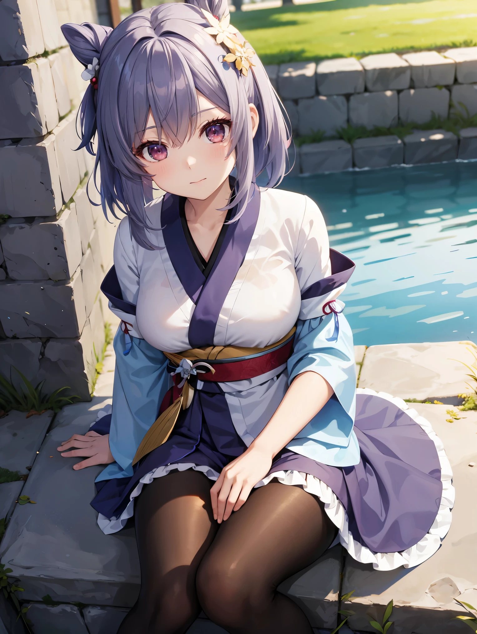 masterpiece, ultra detailed, 8K, full body shot,, a girl, kawaii, light atmosphere, (Cute a girl:1.5), (one girl with pale purple hair, wavy two braids, blunt bangs hair, green and black eyes :1.4), anime visual, (tilt head:1.3), extremely delicate face, realistic lighting and shading, (an extremely delicate and beautiful art:1.3),muted colors, blush, Wearing a white yukata Morning glory pattern, A tatami room, a girl making tea for a guest, a teapot, green tea,smiling, a Girl spreads her legs and opens her yukata to reveal her nipples and pussy, nsfw,