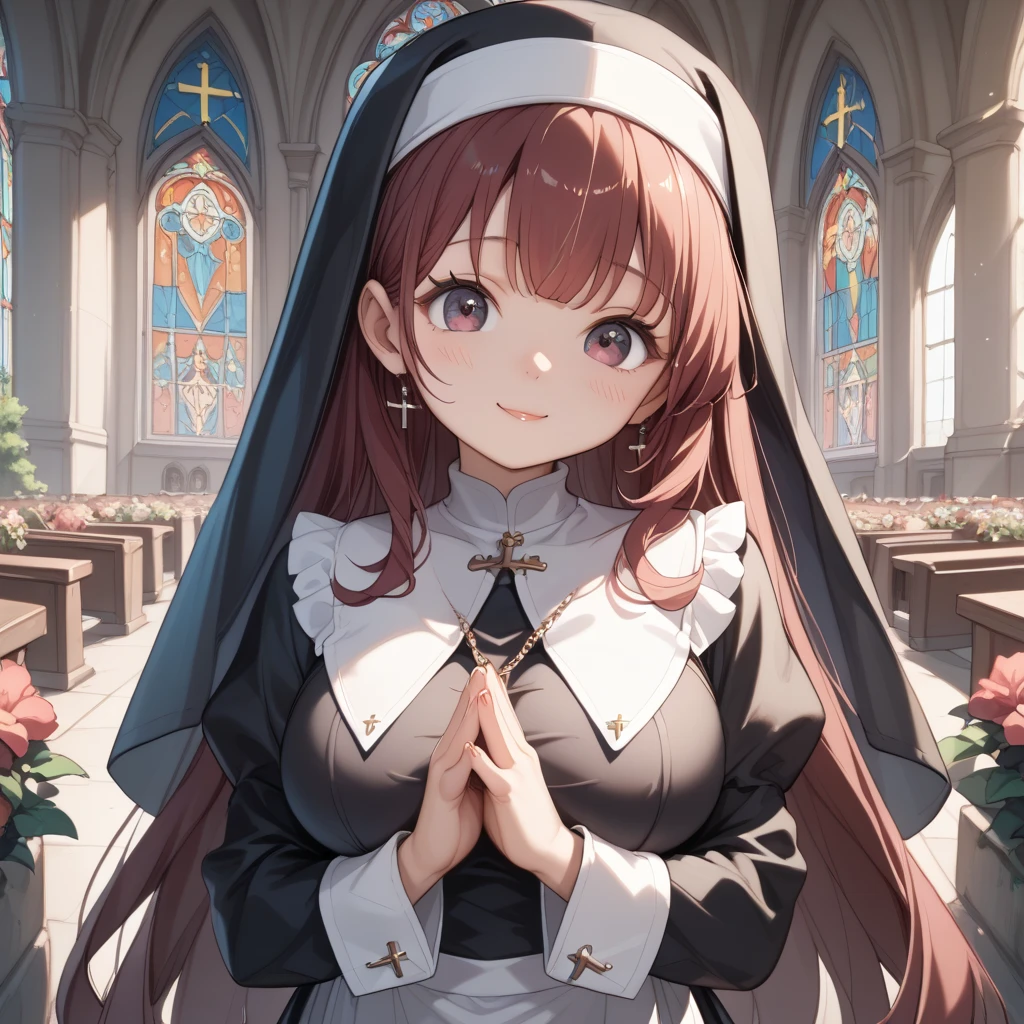 short nun uniform、 cute face、 big eyes,church、 fantasy 、1 young girl in priest costume 、 Big Breasts 、 priest hat、 very long hair,  maroon hair in the garden、pray、valley