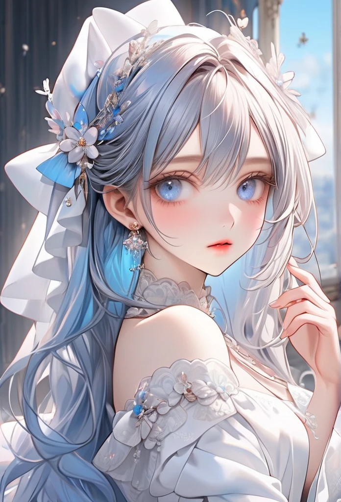 (masterpiece, Highest quality, Highest quality, Official Art, Beauty and aesthetics: 1.2), (One girl: 1.3), (Fractal Art: 1.3), Bright aqua blue eyes, (Very delicate and beautiful face), (Beautiful eyes in every detail), Medium length hair with tassels,