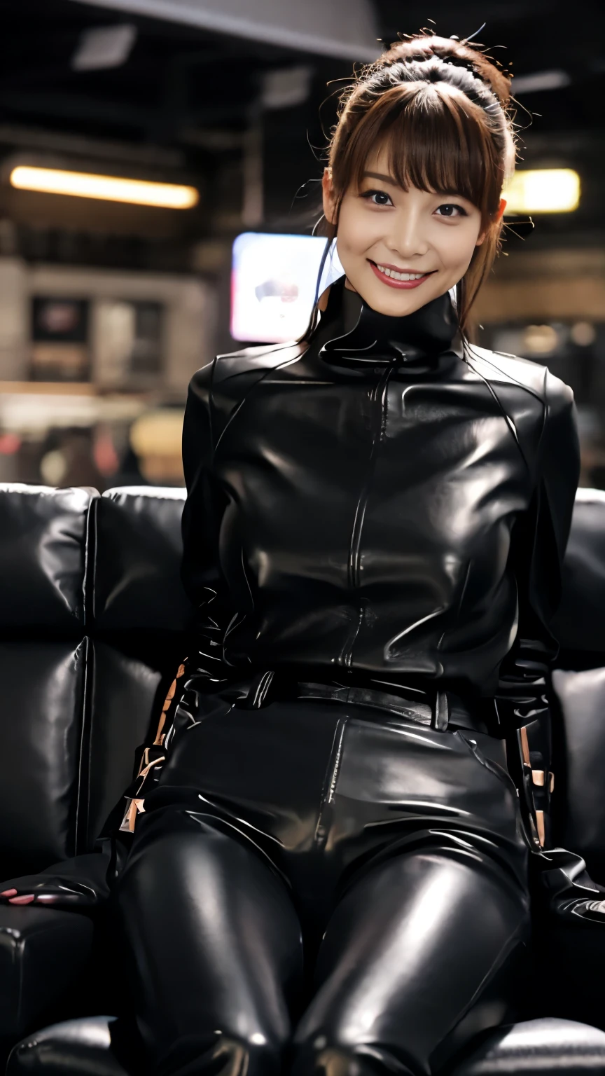 glossy black leather biker jacket, Black leather gloved fingertips on both hands,Wearing black leather gloves,Sitting in a black leather chair、 Japanese female new recruits (Black leather gloves cover both hands) (The angle is horizontal)、Black Leather Pants,Black Leather Black Leather Pants, black leather skinny pants 、very tight fit. Black long leather boots on both feet、 Dark Haired Ponytails ((She wears black leather gloves on her hands))Full Body Photo, full body shot full body full body leather suit ,☺(Long boots plus leather pants boots in :1.5)、Full body shot from head to toe、very tight fit. If you turn in this direction。Wearing black leather gloves,Wearing black leather gloves,Wearing black leather gloves,Wearing black leather gloves,Wearing black leather gloves,Wearing black leather gloves,黒のレザーパンツが美しい😍黒のレザーパンツが美しい😍黒のレザーパンツが美しい,😍こちらを見ながら笑faceで微笑んでる,City lights、(Cyberpunk City Street:1.3))、 detailed lighting、
best image quality、 super high resolution、( realism:1.4)、Korean Beauty Star、The most beautiful KPOP stars、face、Horny Korean Makeup、A body that makes you want to touch it、Realistic leather texture、Costume made of smooth leather fabric、The drape of the curved parts of the leather fabric、The costume is very shiny、Quality of the costume、8K Photo Quality、(shy Smile:1.4)