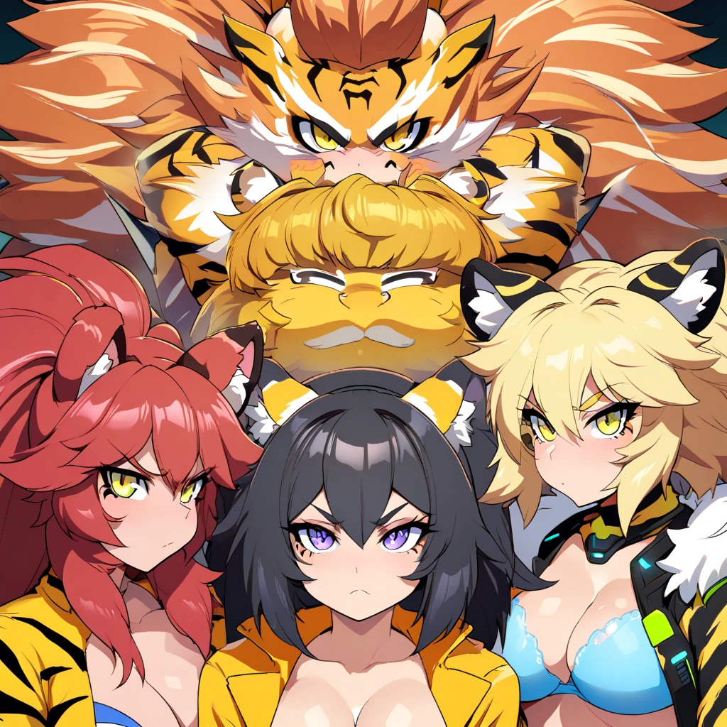 Anime, Cyberpunk female, 5 tiger-girls, anthro tiger girl, tiger girls, tiger stripes, huge hair, large breasts, blue bra, large yellow jacket, Deep cleavage, chubby, spikes, red fur, stripes, serious, posing together, girls surrounding