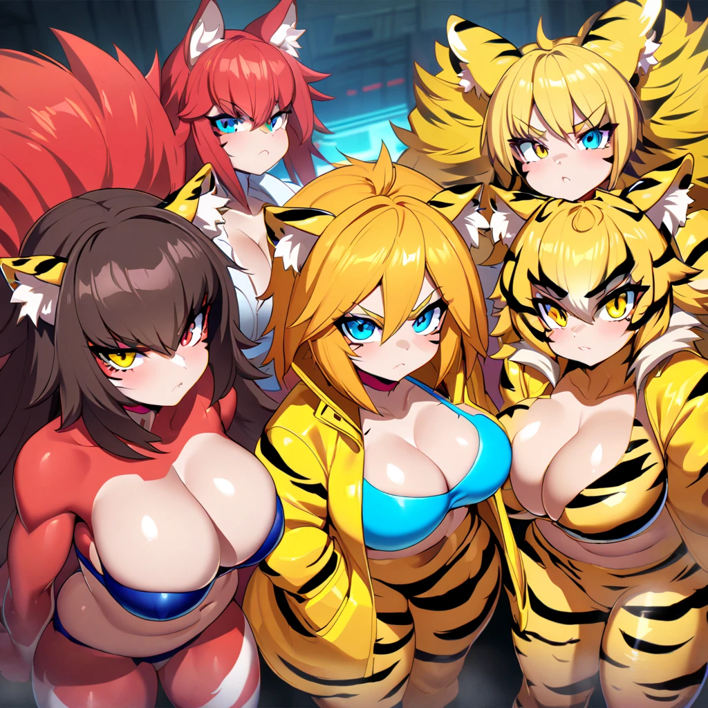 Anime, Cyberpunk female, 5 tiger-girls, anthro tiger girl, tiger girls, tiger stripes, huge hair, large breasts, blue bra, large yellow jacket, Deep cleavage, chubby, spikes, red fur, stripes, serious, posing together, girls surrounding