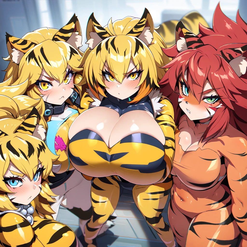 Anime, Cyberpunk female, 5 tiger-girls, anthro tiger girl, tiger girls, tiger stripes, huge hair, large breasts, blue bra, large yellow jacket, Deep cleavage, chubby, spikes, red fur, stripes, serious, posing together, girls surrounding