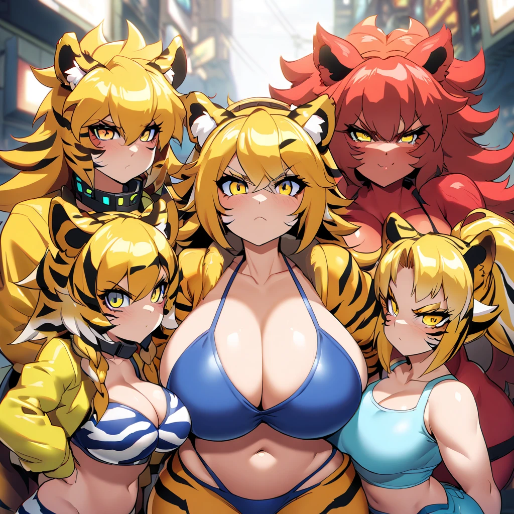 Anime, Cyberpunk female, 5 tiger-girls, anthro tiger girl, tiger girls, tiger stripes, huge hair, large breasts, blue bra, large yellow jacket, Deep cleavage, chubby, spikes, red fur, stripes, serious, posing together, girls surrounding