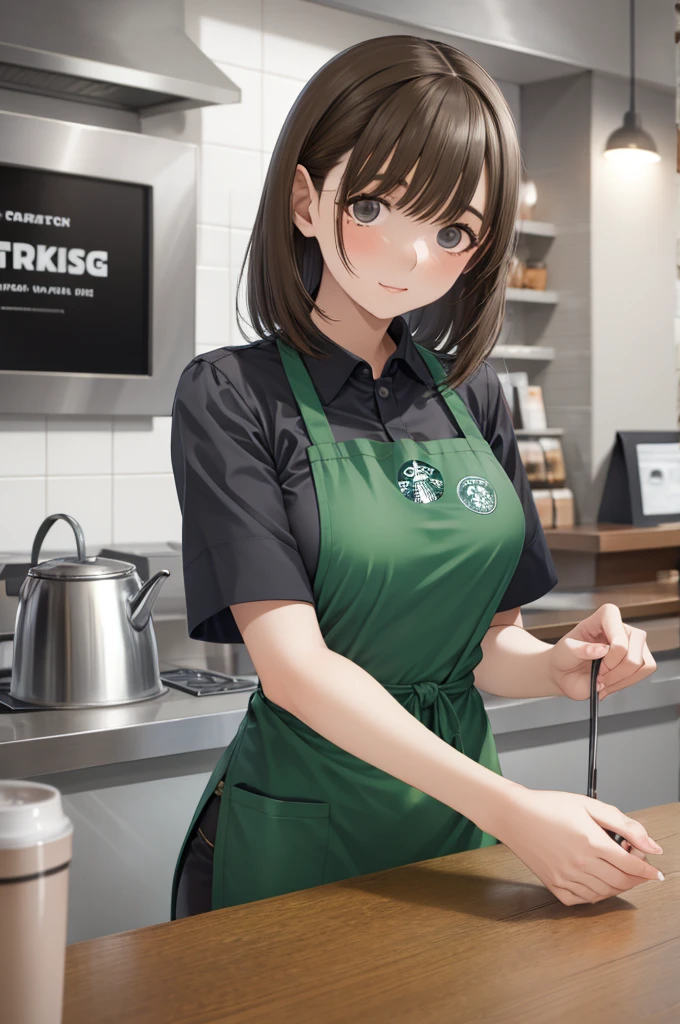 1girl, starbucks apron,, masterpiece, best quality, highly detailed