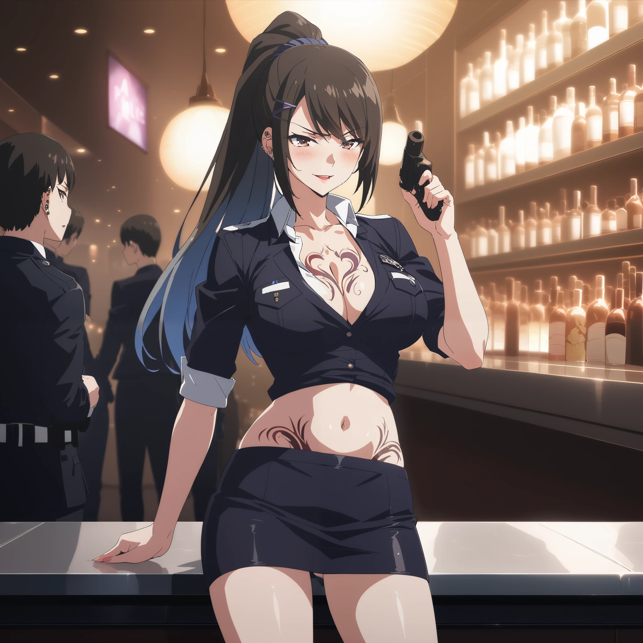 chabashira, 1girl, ponytail, black hair, blush, lipstick,  ear piercing, long hair, blush, lipstick,Hot girl, baddie, smoking, sensual, attractive, nightclub, bar, indoor, cityscape, building, city lights, blush, lipstick, masterpiece, best quality, highly detailed, a anime girl in police uniforms , police outfit, military outfit,
open mouth, cleavage, evil smile, smile, ecchi anime style, anime girl, digital anime art!!, in anime
style, (nsfw) not safe for work, official artwork, , beautiful anime girl, anime style 4 k, micro pencil
skirt, pencil skirt, micro skirt, exposed
belly, exposed navel, exposed midriff, exposed lower belly, holding a gun, holding pistol,next to police
car,outdoor,street,road, police car,, tattoo on body, tattoo midriff, rose tattoo, , shiny skin, 