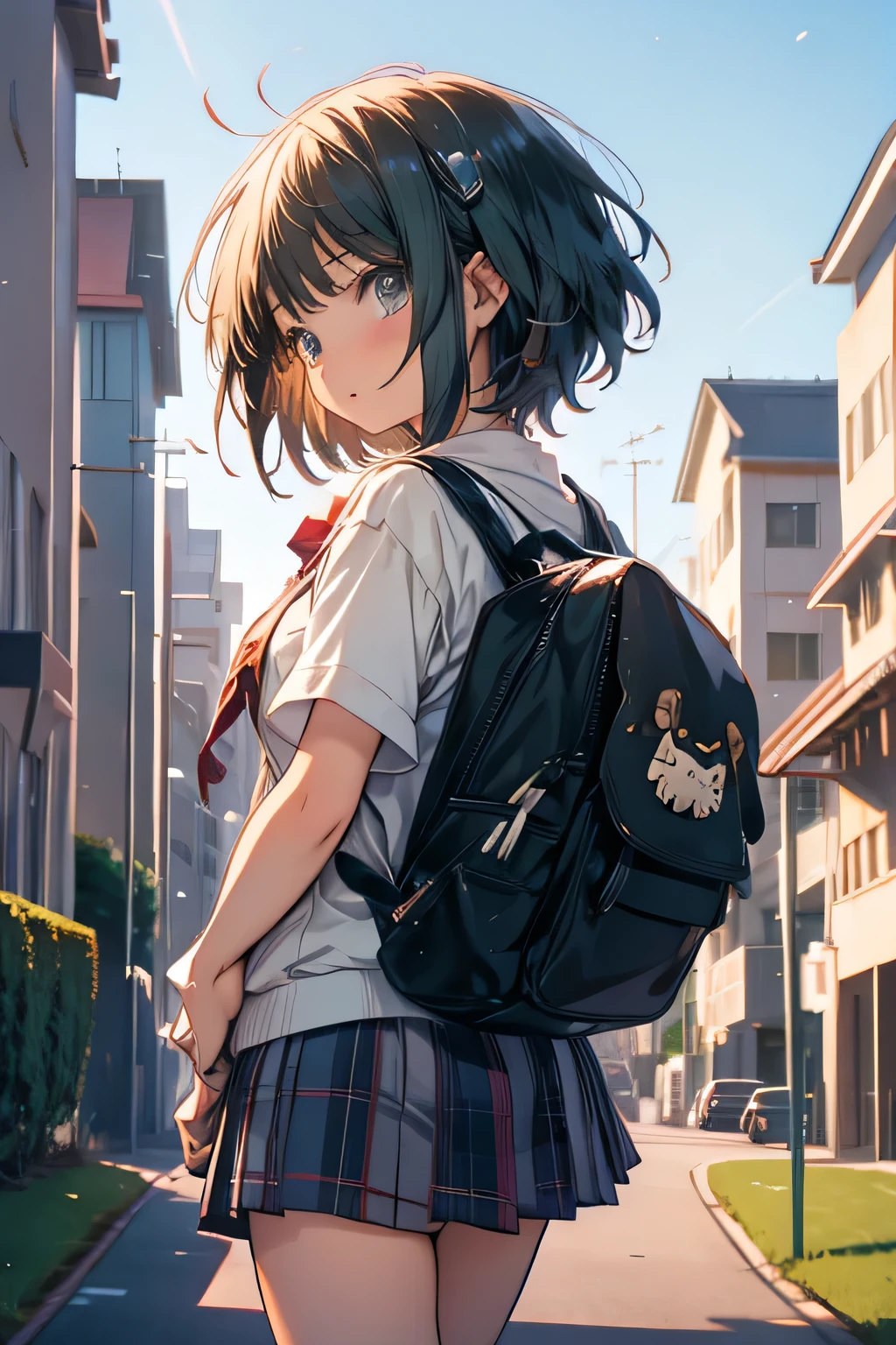 best quality, masterpiece, 1girl, a girl her bicycle, from school, school uniform, sunset, sweat, unbuttoned, from below