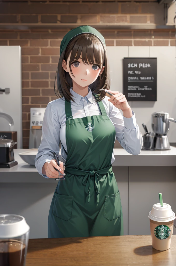 1girl, starbucks apron,, masterpiece, best quality, highly detailed