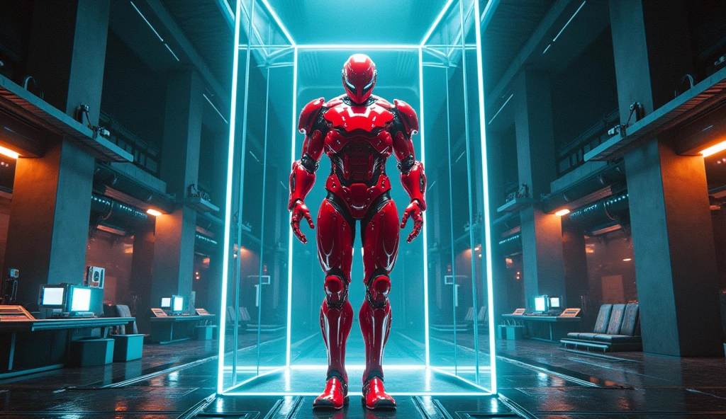 8k post-production、Red and black and a little white、Elaborate metallic bones、semi human、Irridescent color、Glenn Brown Style Futuristic Room、power of the god、high-angle shot、Complex body poses,Analog 150mm lens、Beautiful Natural Soft Rim Light、