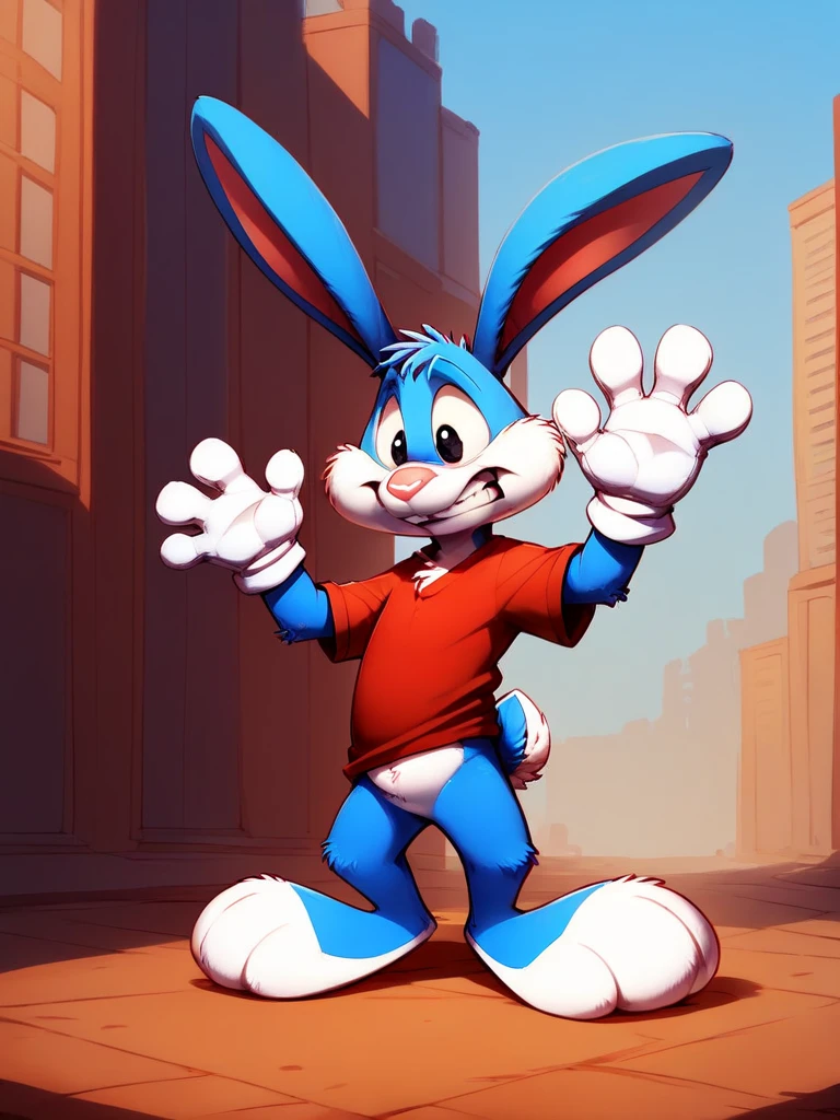 score_9, score_8_up, score_7_up, score_6_up, score_5_up, score_4_up, score_9, photos
 Buster  , rabbit, young, male,  blue body color , white cheeks , white belly, white legs,  white gloves on hands, pink nose, white tail, blue ears ,  erect ears , rabbit Teeth , Colorless eyes, red t-shirt,  duration , mouth closed, Clenched teeth, young, , dwarf,  spreads her arms, surprised,  kneeless legs , city