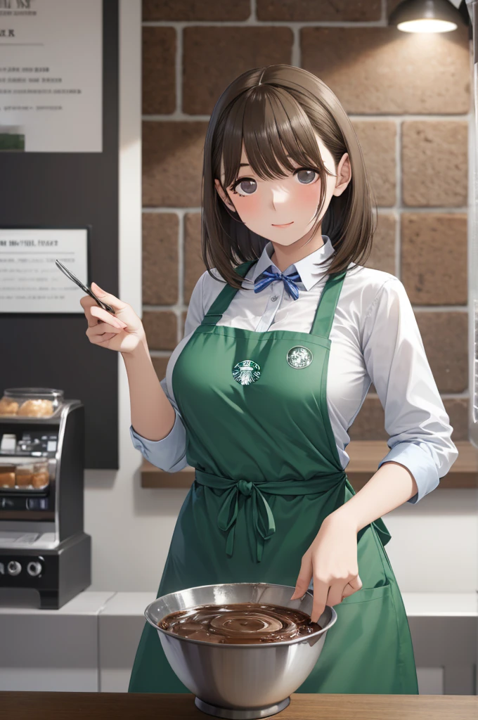 1girl, starbucks apron,, masterpiece, best quality, highly detailed