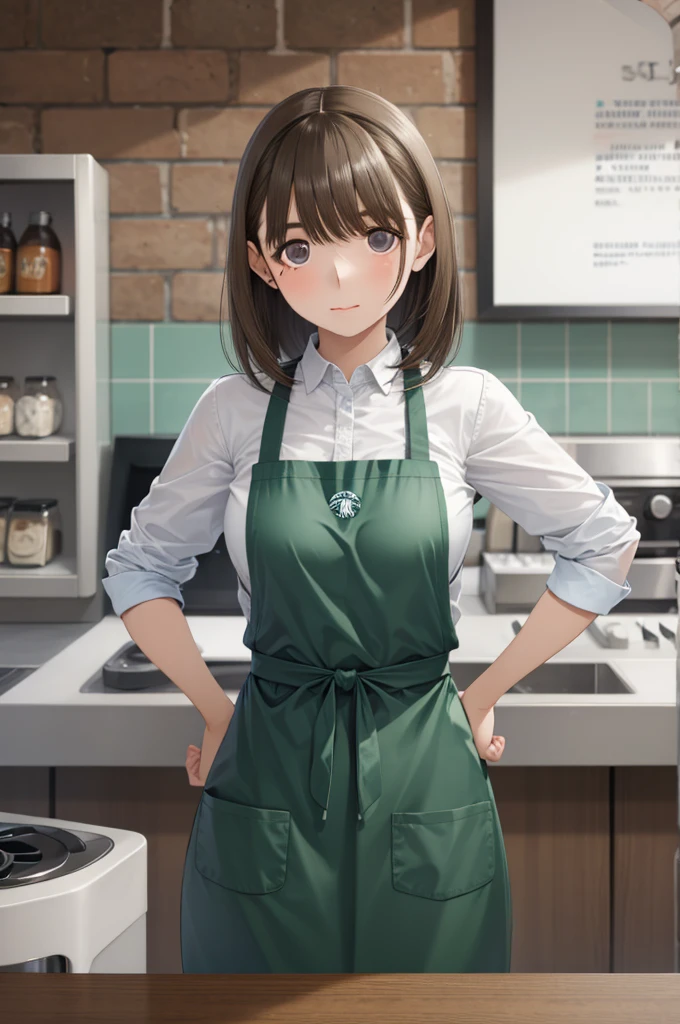 1girl, starbucks apron,, masterpiece, best quality, highly detailed