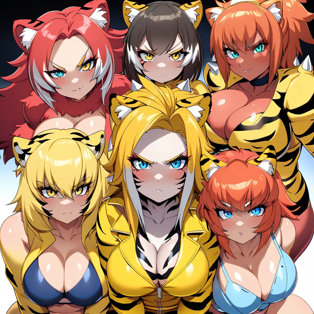 Anime, Cyberpunk female, 5 tiger-girls, anthro tiger girl, tiger girls, tiger stripes, huge hair, large breasts, blue bra, large yellow jacket, Deep cleavage, chubby, spikes, red fur, stripes, serious, posing together, girls surrounding