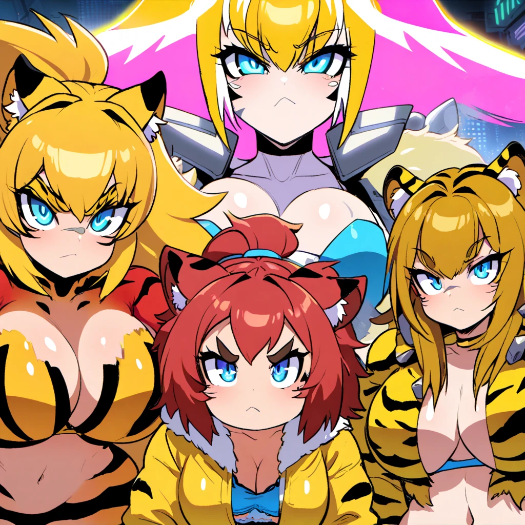 Anime, Cyberpunk female, 5 tiger-girls, anthro tiger girl, tiger girls, tiger stripes, huge hair, large breasts, blue bra, large yellow jacket, Deep cleavage, chubby, spikes, red fur, stripes, serious, posing together, girls surrounding