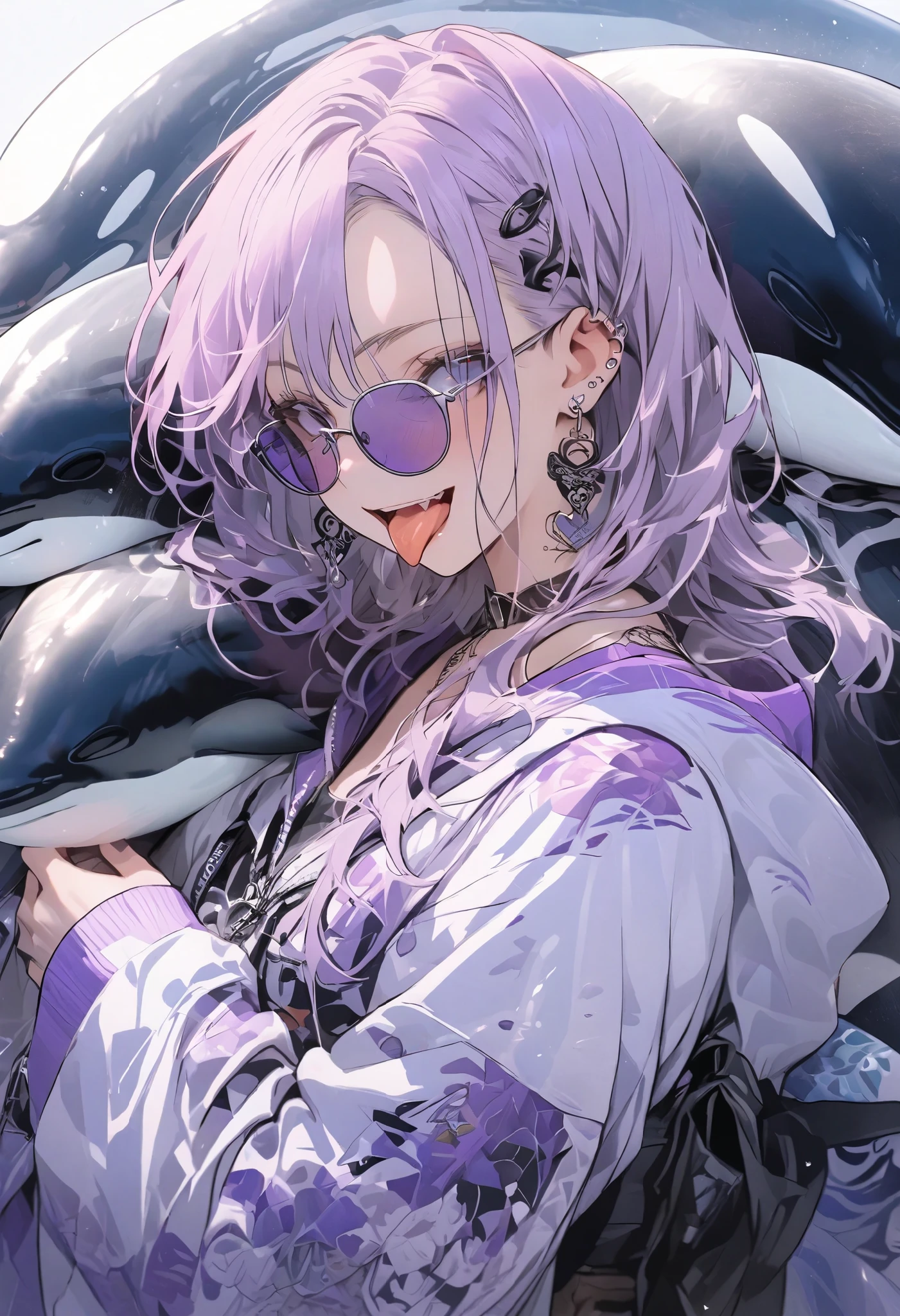 purple , tongue, maleの子, earrings for a woman alone, purple , purple sunglasses、tattoo、Purple Hair、male、20代male、Killer whale