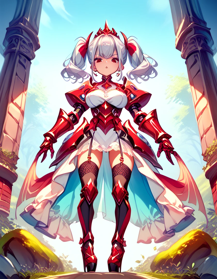  high image quality、  High Quality  、  petite girl with medium hair、  Silver Hair、  twin tails、 platform boots、Greaves、Stiletto heels、 princess your toddler、Mace、Sharp Eye、Crimson Eyes、Big Breasts、white bondage armor、