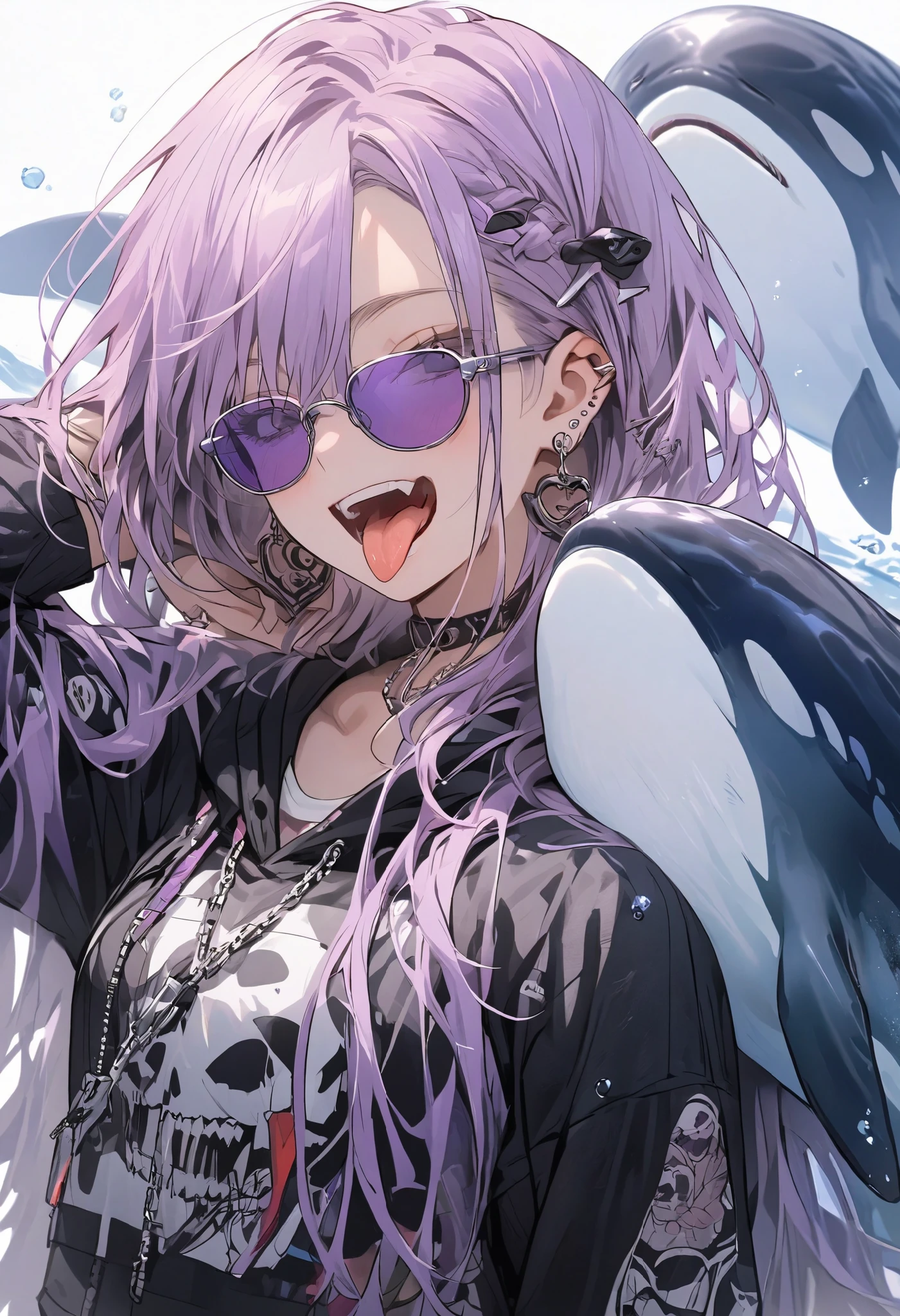 purple , tongue, maleの子, earrings for a woman alone, purple , purple sunglasses、tattoo、Purple Hair、male、20代male、Killer whale